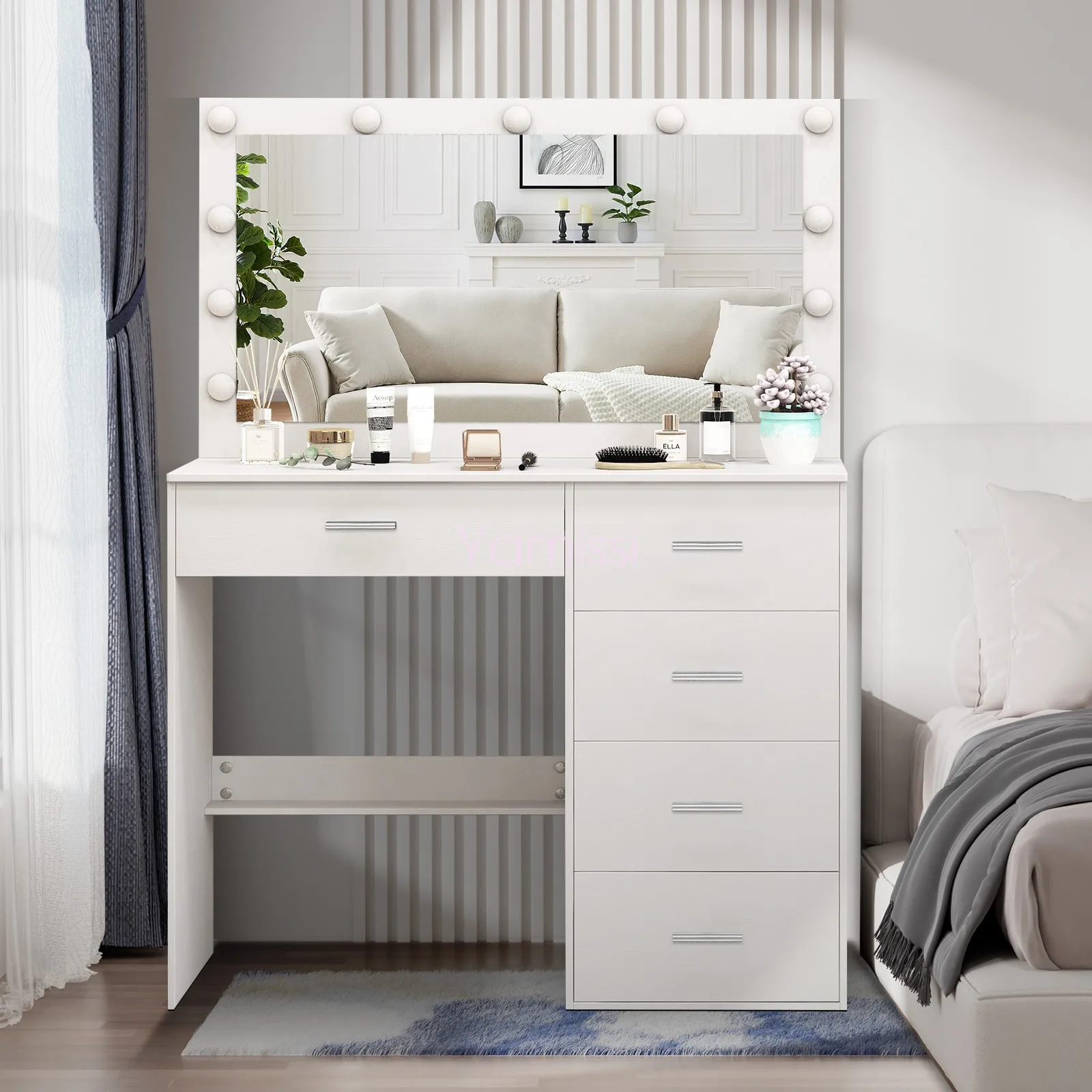 Tocador de maquillaje, juego de tocador LED con 11 espejos iluminados, tocador de maquillaje para decoración elegante del hogar