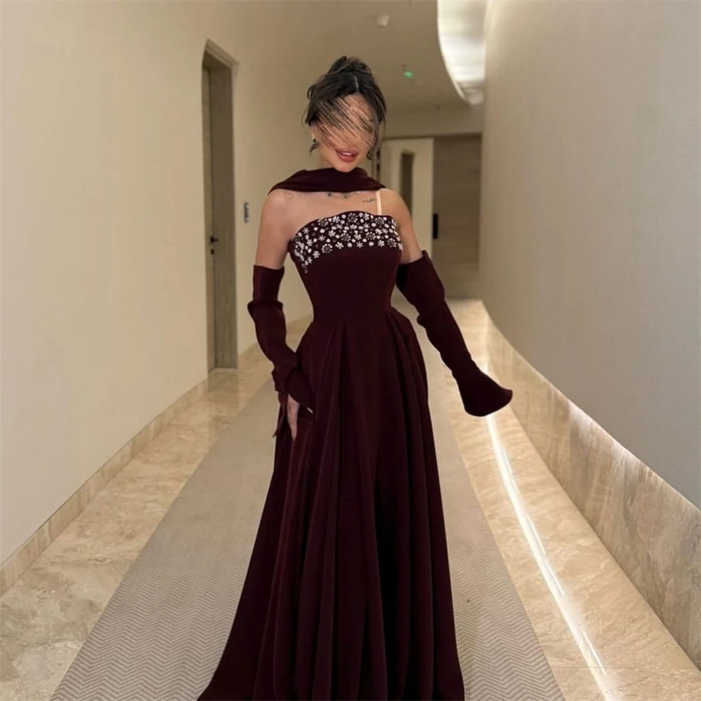 Customized High Quality Burgundy Jersey Evening Dress Delicate Crystal Strapless Detachable Sleeve Sweep Train Vestido De Noche