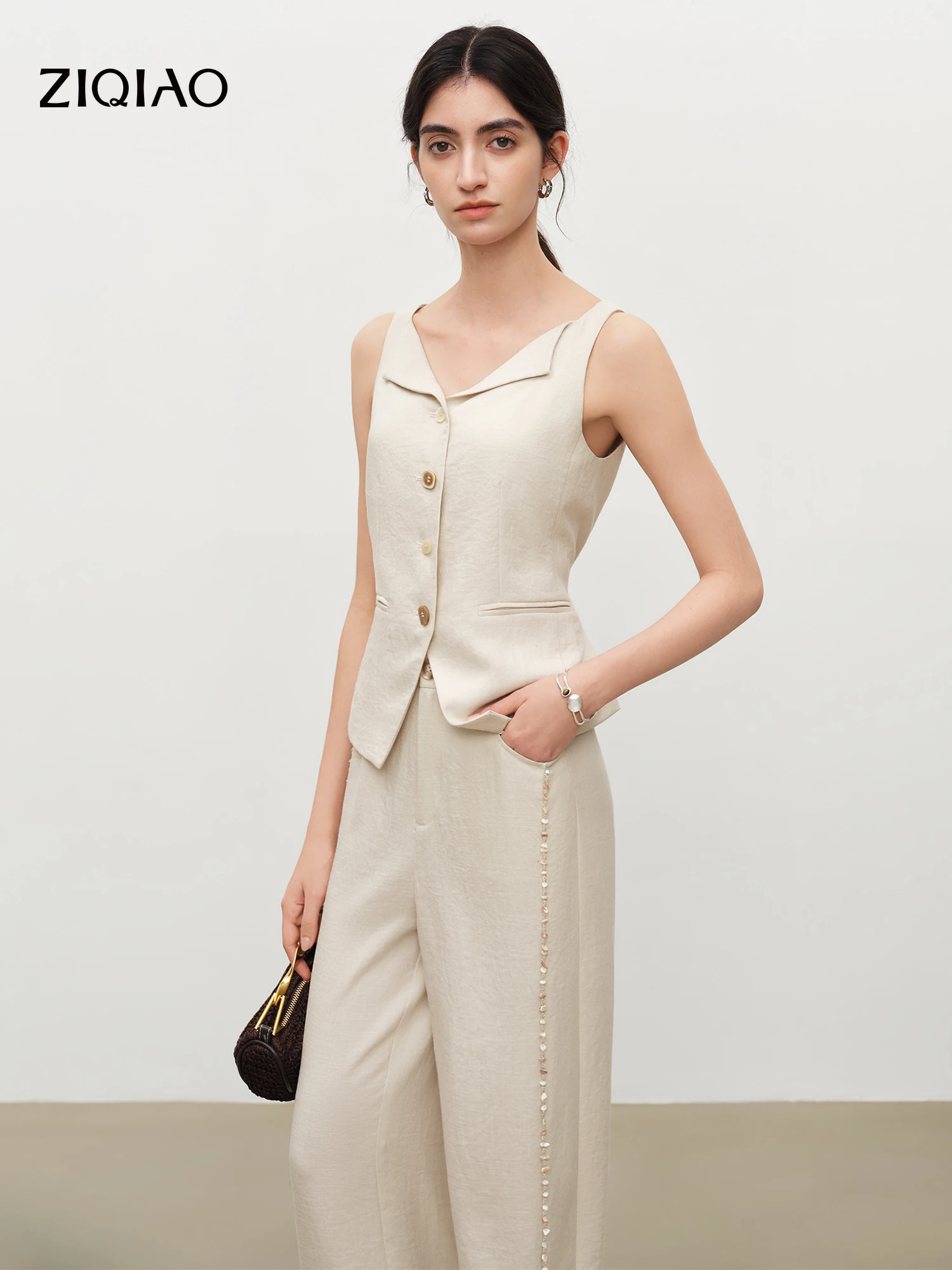 

ZIQIAO 2026 Summer Women's Elegant Waist-Defining Vest & Beaded Shell Trim Straight Leg Floor-Length Pants Set for Daily