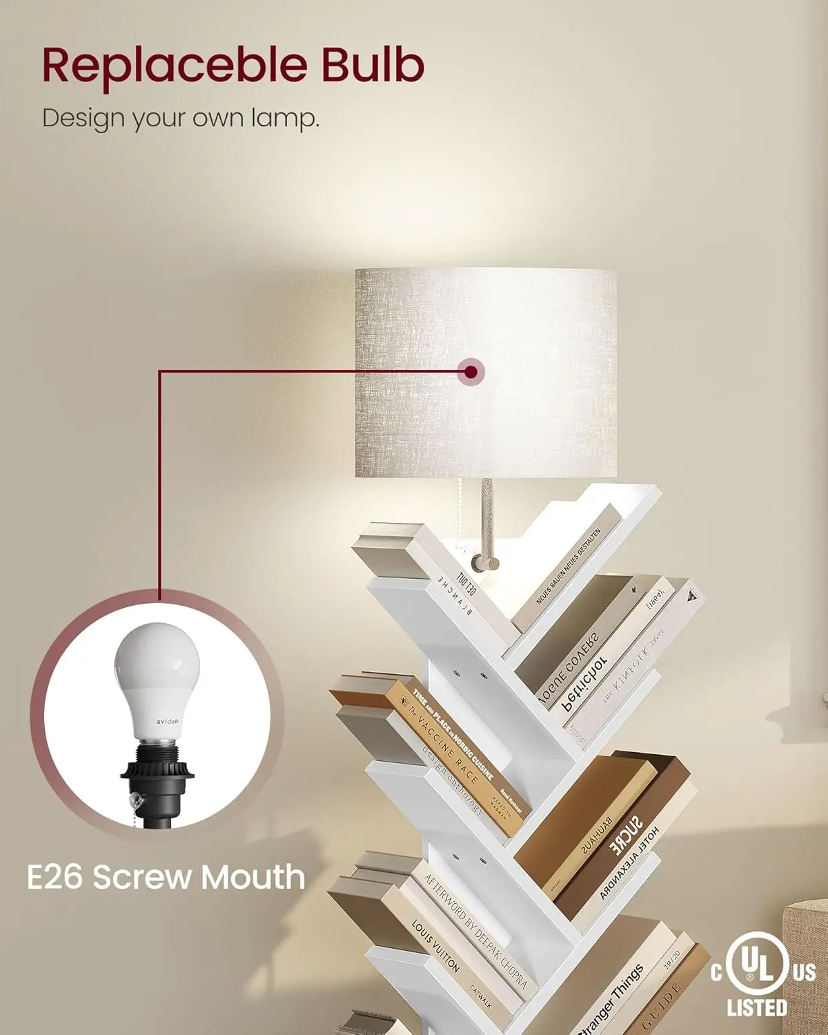 9-Tier Tree Bookshelf with Light & Drawer, Space-Saving Storage for Books/CDs, White