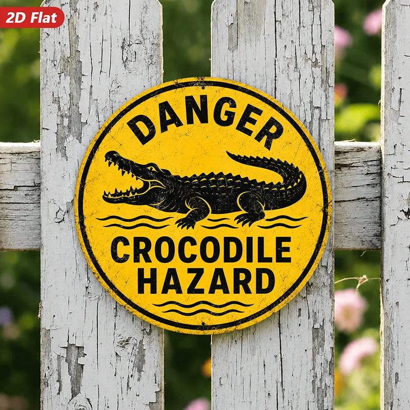 2D Flat, 1pc Round Metal Sign Wall Art, Alligator Hazard Sign Home Decor, Yellow And Black Design, Warning Text, Retro Style, fo