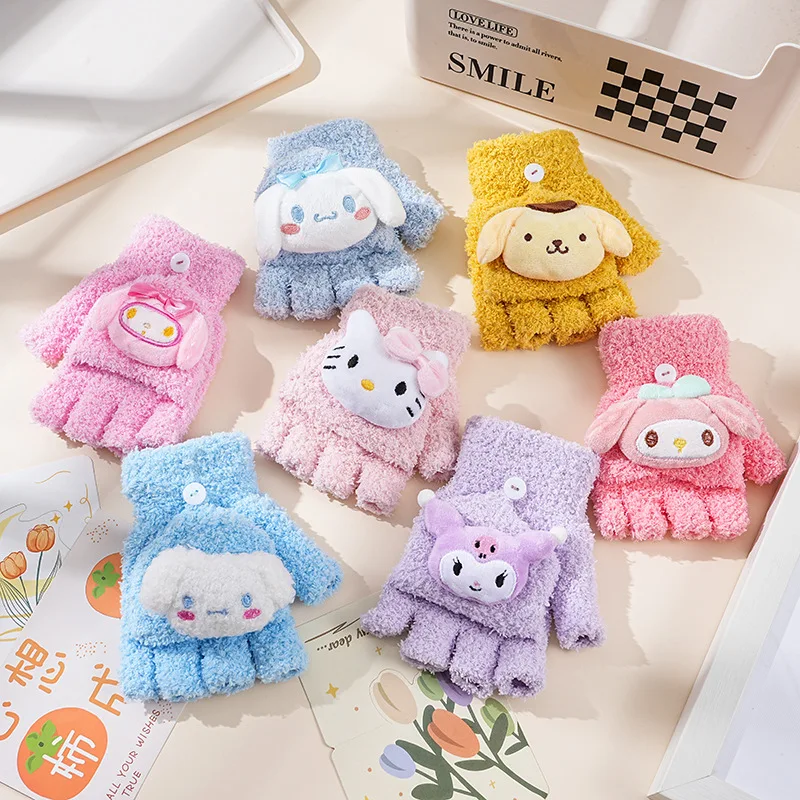 New Children Flip Glove Cute HelloKittys Kuromi Cinnamoroll Half Finger Glove Boy Girls Writing Warm Gloves Knitted Glove