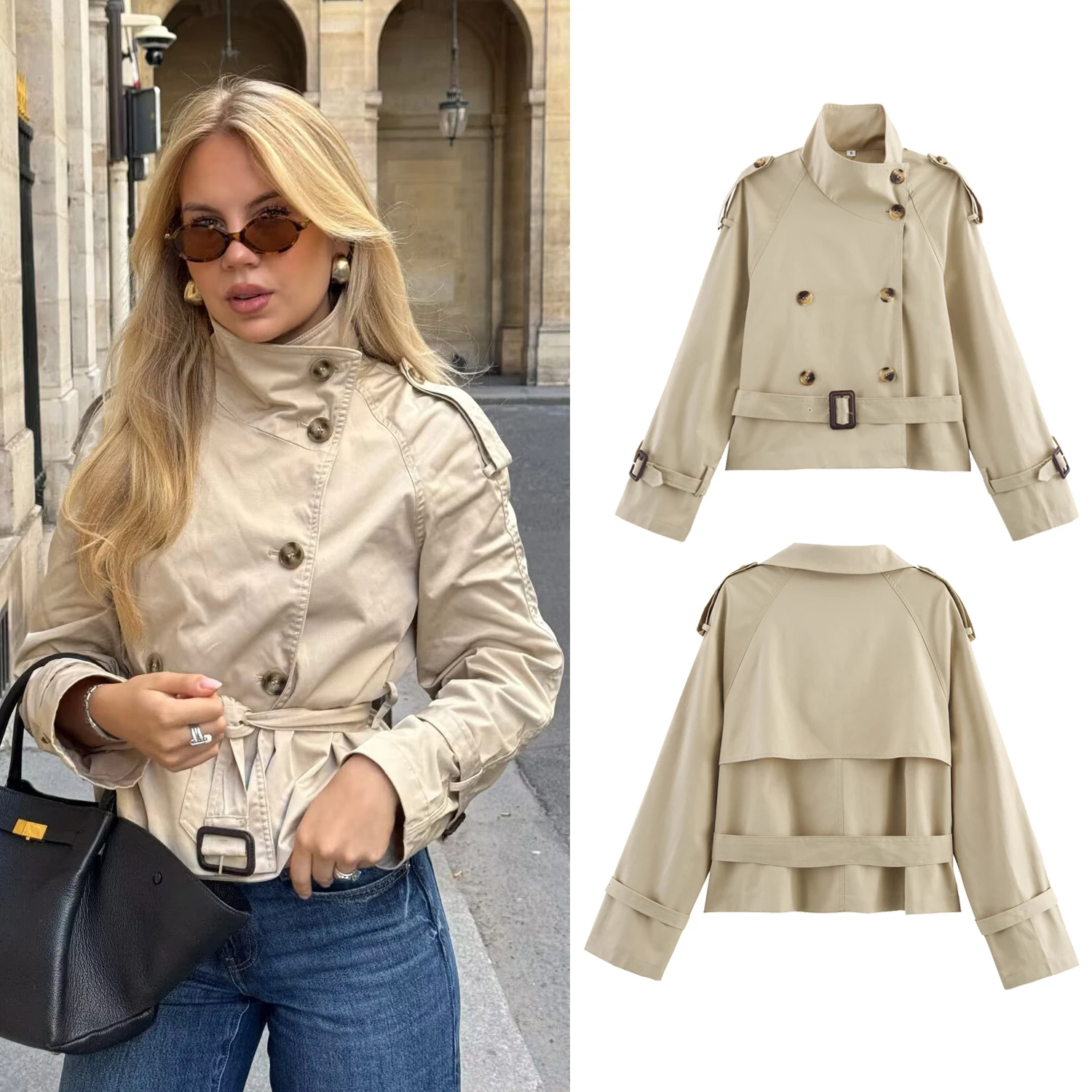 

Женский осенне-зимний двубортный плащ с ремнями, элегантная куртка с воротником-стойкой и длинными рукавами, женская ветровка, одежда