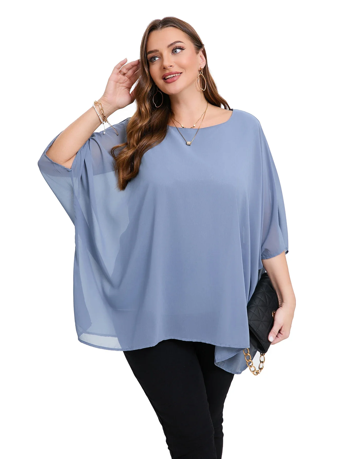 Womens Plus Size Elegant Summer Blouse Batwing Sleeve Oversized Chiffon Blouse Scoop Neck Large Size Casual Tunic Top Shirt XXL