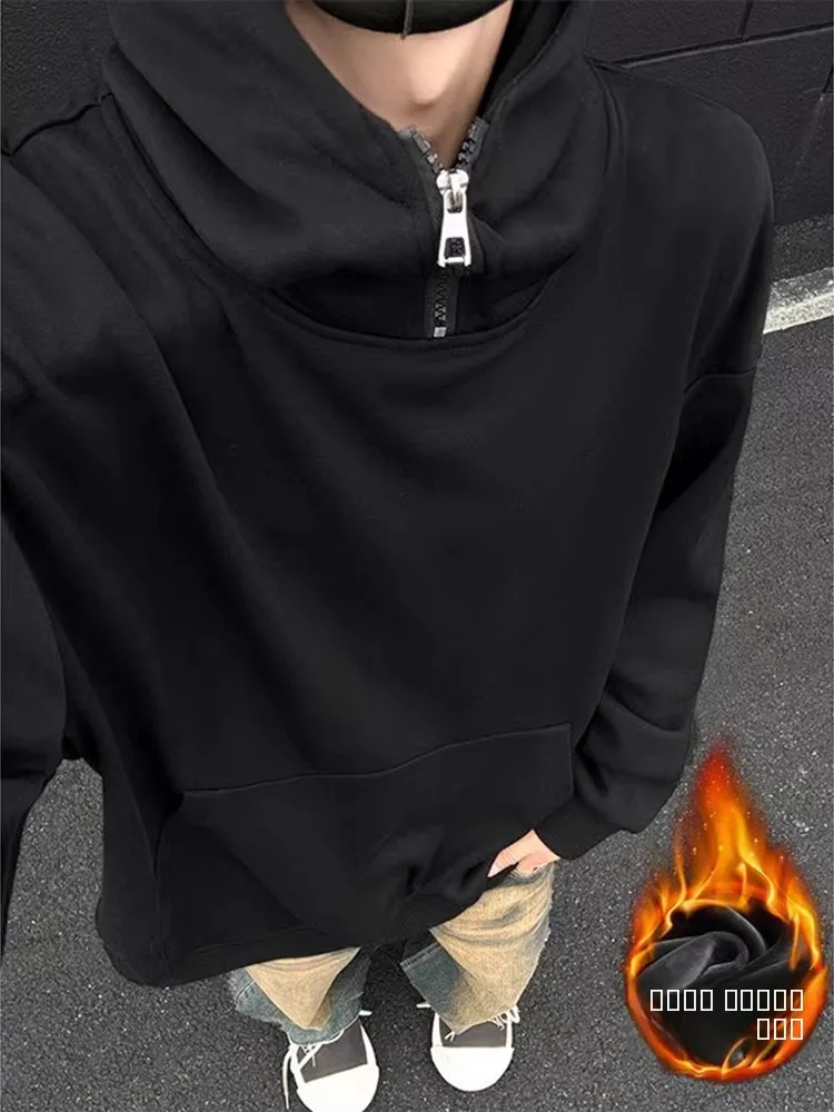 

Bla Fce Lined Hoodie Thiened High Collar Windproof Men's Sweatirt Winter Warm Outerwear Casual Anti-Deformation