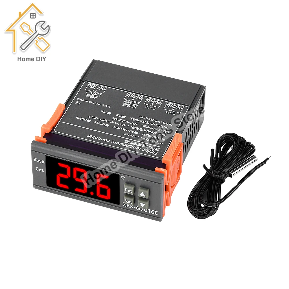 

G7016E Digital Temperature Controller with Probe Thermoregulator incubator Relay Heating Cooling DC 12V 24V 10A 30A