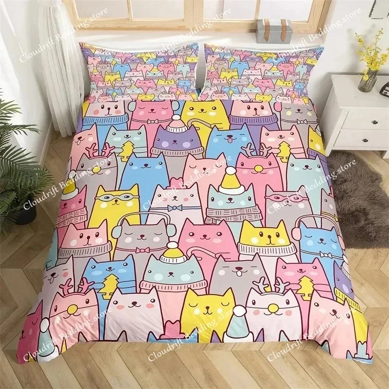 

Cat Duvet Cover Polyester Pattern with Hipster Playful Feline Characters, Decorative Twin Bedding Set WithPillow Sham026