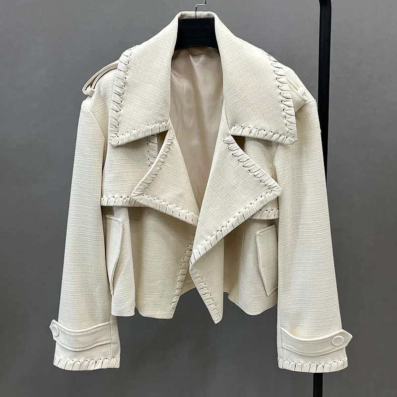 

2023 Lady Fashion Jackets Spring Summer Crop Coats Fabric Jacket With Genuine Leather Turn Down Collar ZM4981