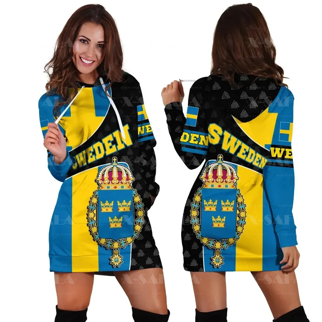 Sweden Nation Flag Of Coat Of Arms 3D Print Fashion Slim Hoodie Dress Women Casual Wear Long Sleeve Hooded Sweatshirt Pullover