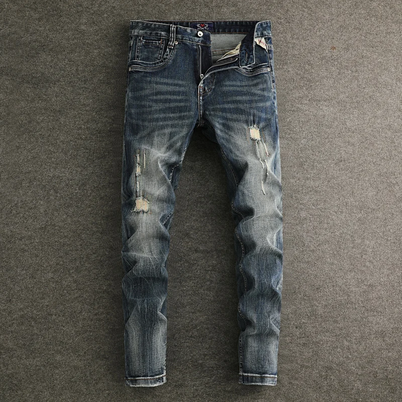 

Fashion Vintage Men Jeans High Quality Retro Black Blue Stretch Slim Ripped Jeans Men Embroidery Patched Designer Denim Pants