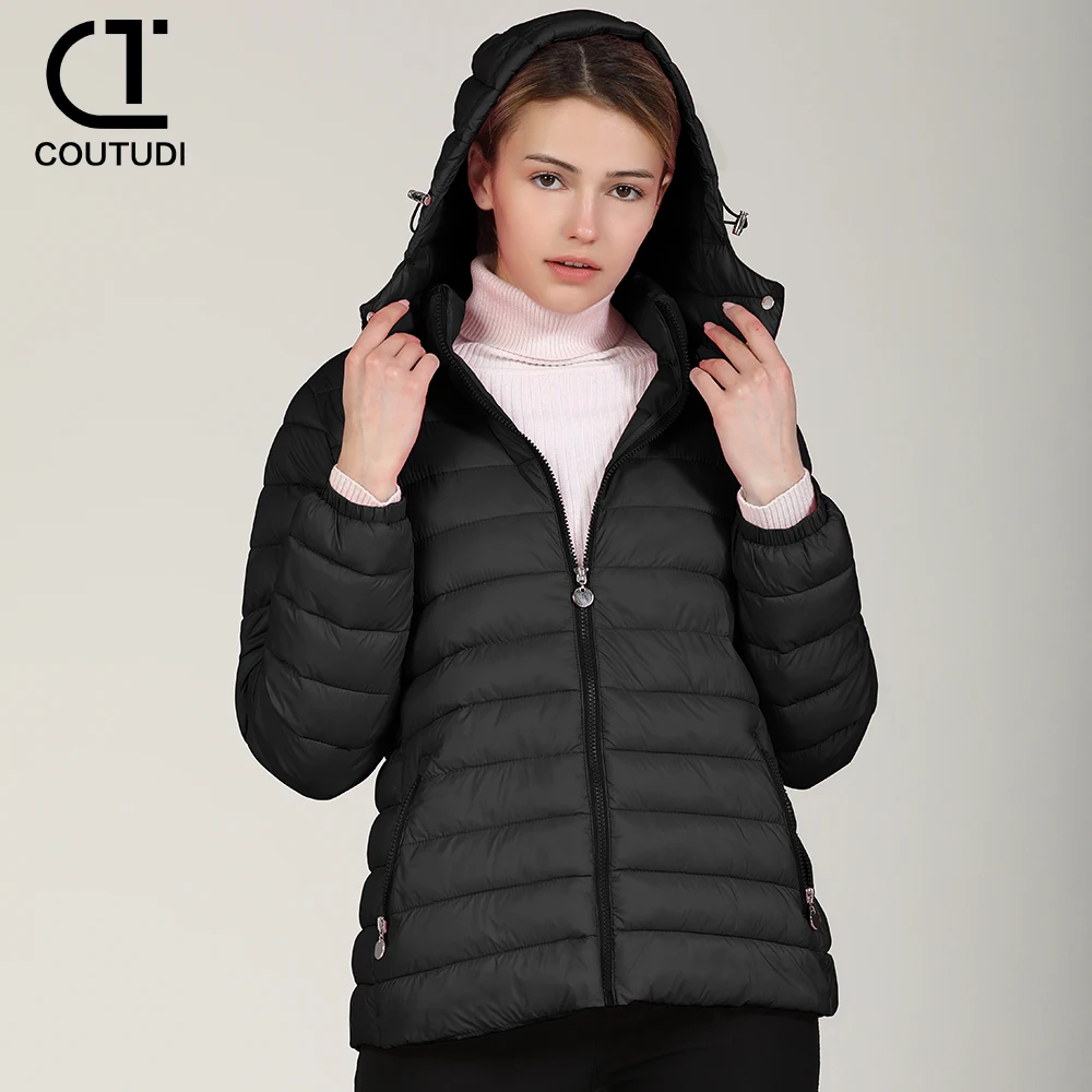 COUTUDI-Hooded Puffer Jacket for Women, Lightweight Warm Down Coat, Full Zip Up, Casual Female Windbreaker, Winter Outwear