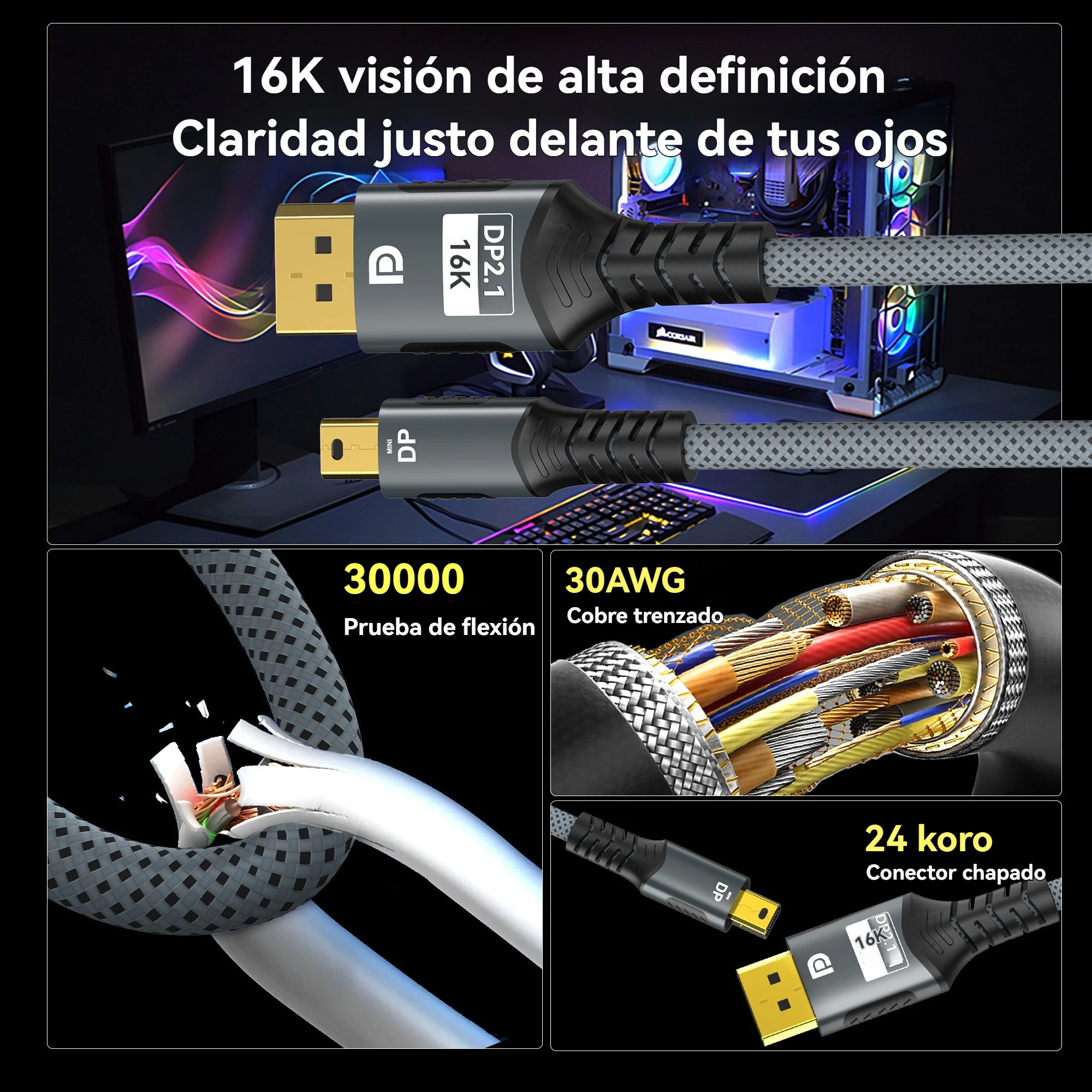 Mini DisplayPort zu DP Kabel DP2.1 Bidirektionaler Konvertierungsadapter 16K@60Hz 4K@144Hz für Gaming Laptop MacBook Air Projektor – Detail 7