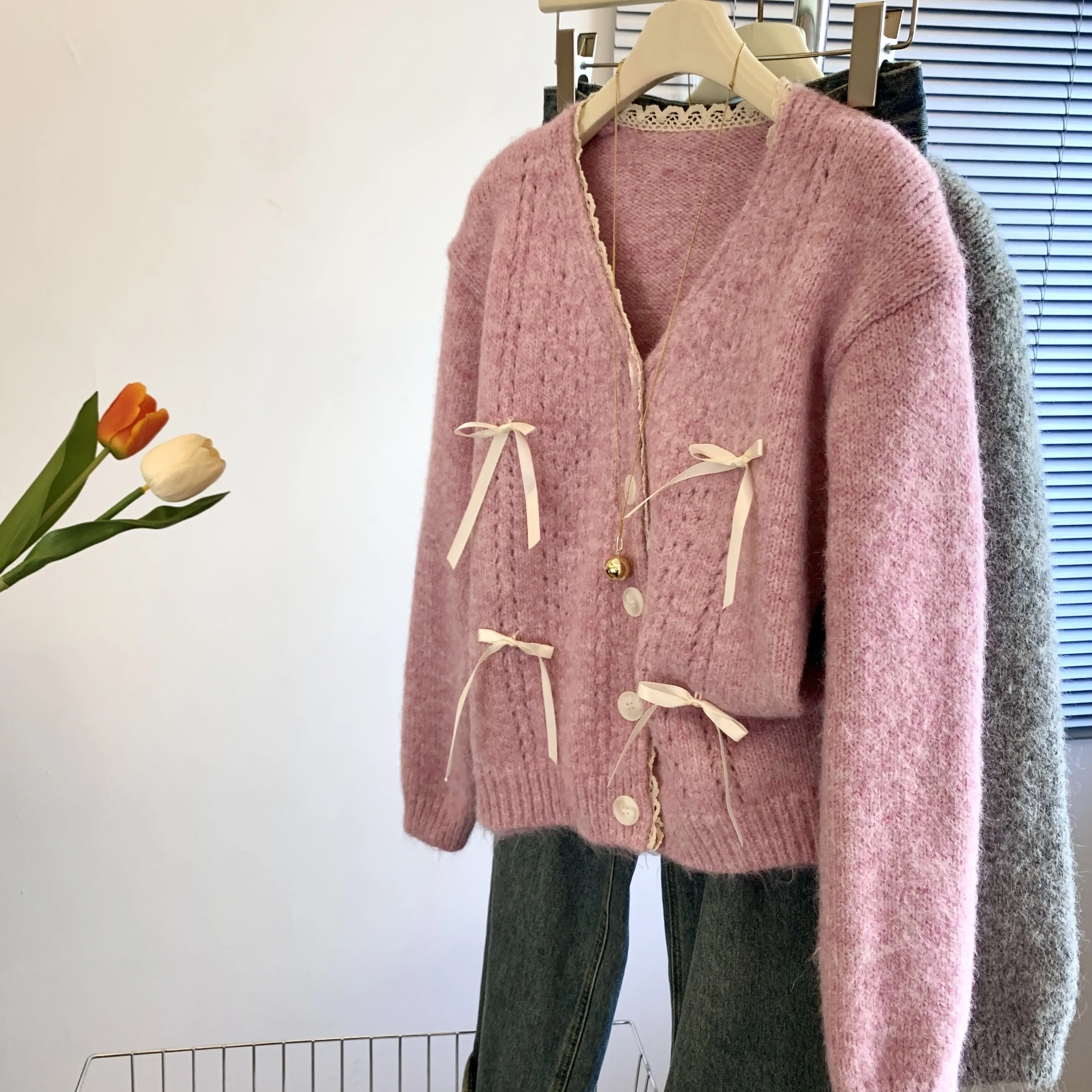 

Lace Trim V-Ne Sweater Jaet Women's Loose Outerwear Knot Knitted Cardigan Sweet Sle Long Sve Winter Coat