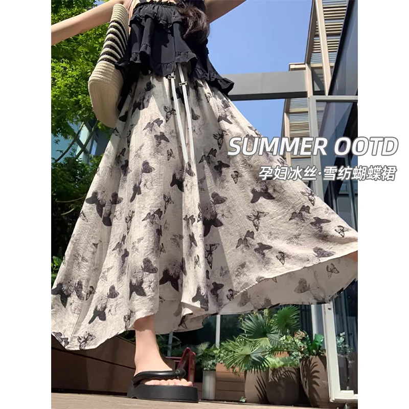 Summer Fashion Butterfly Printed Versatile Umbrella Wide Leg Maternity Pants High Waist Drawstring Trousers for Pregnant Women