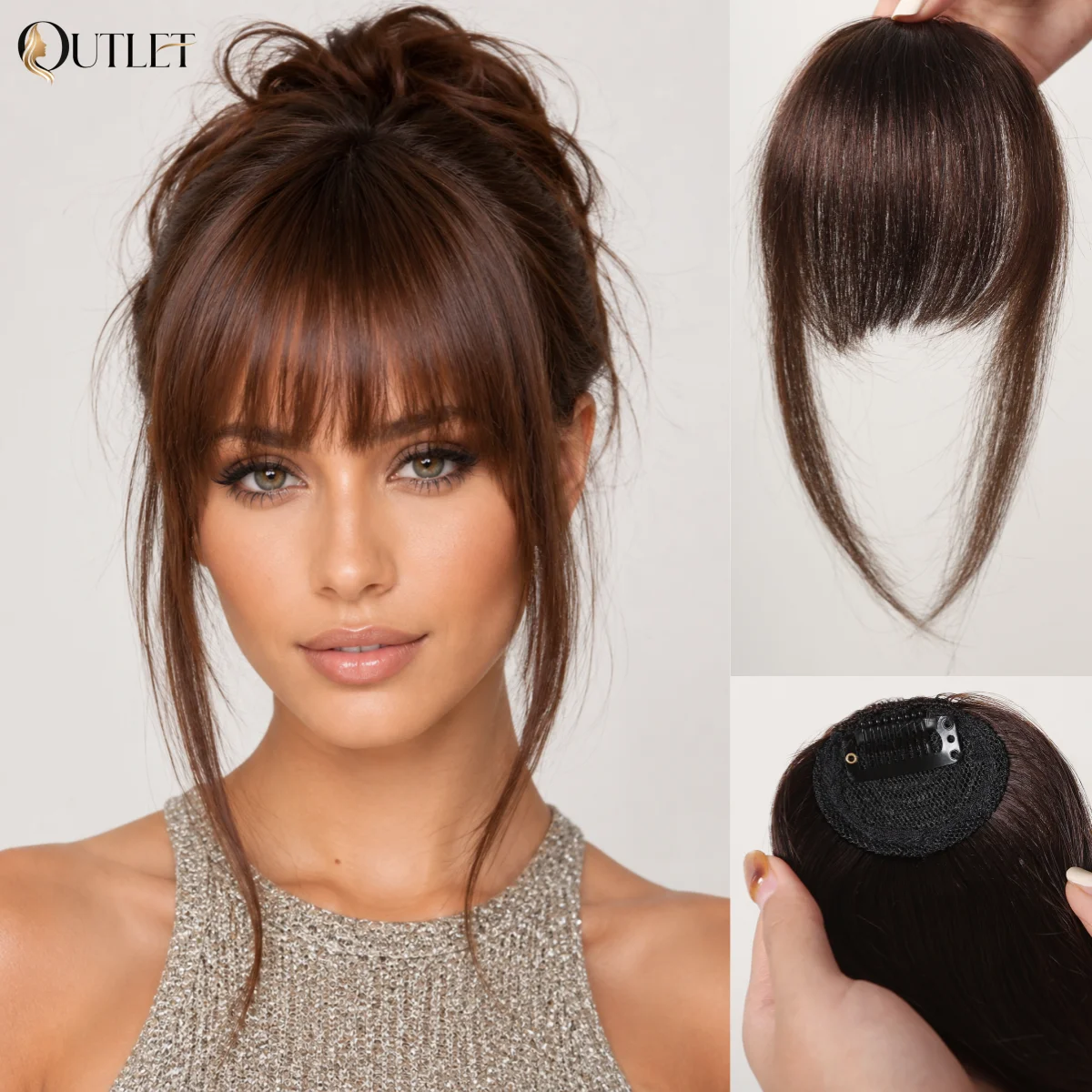 100% Human Hair Natural Brown Straight Bangs Upgraded 3D Air Wispy Fringe with Sideburns Clip in Hair Extensions for Women Daily