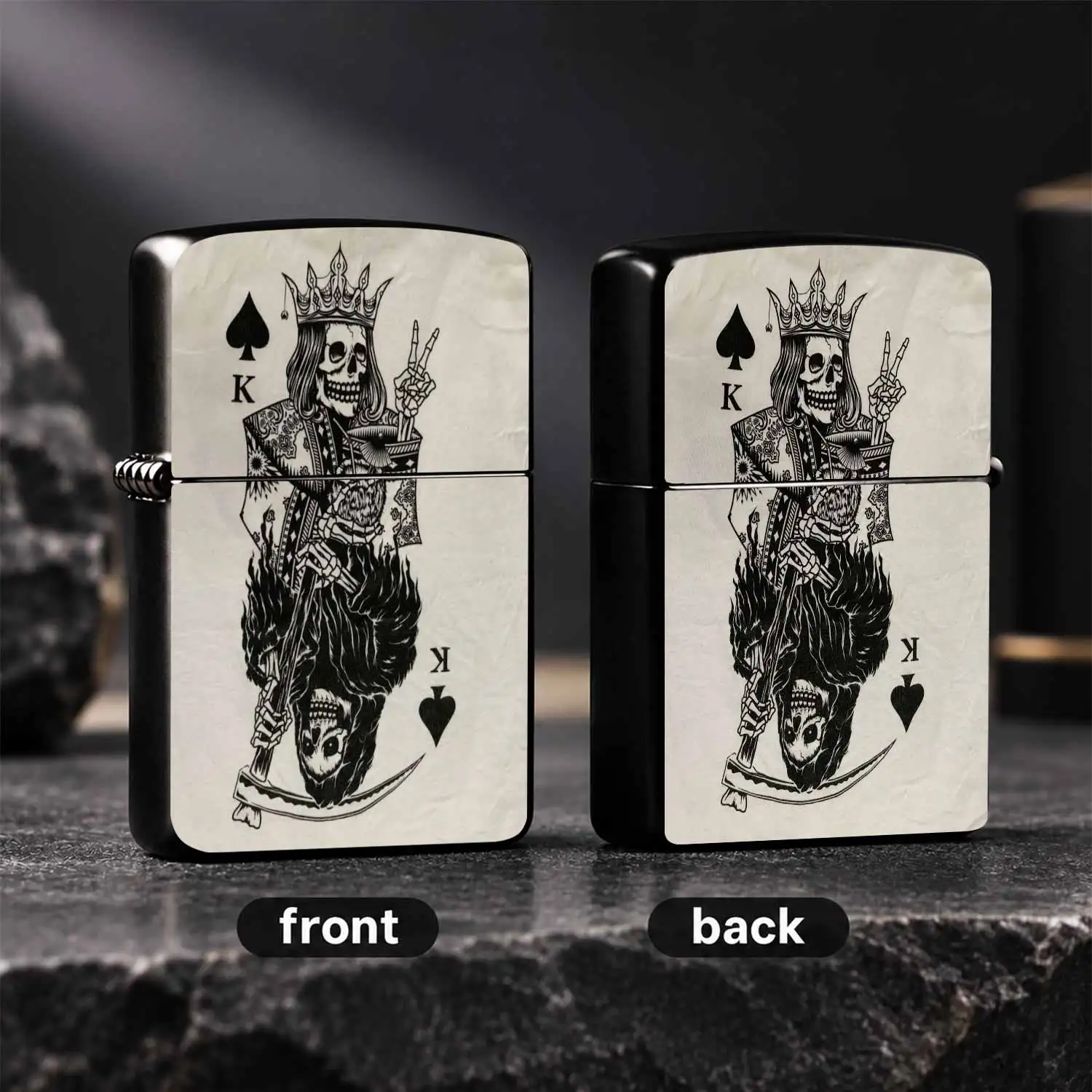 Creative Spade K Skull Themed Lighter Retro Skeleton King with Scythe Pattern Art Print Durable Sturdy Body Unique Cool Collectible Accessory Ideal for Daily Use Gifting Punk Style Trendy Pocket Lighter for Men Skeleton Playing Card Desig