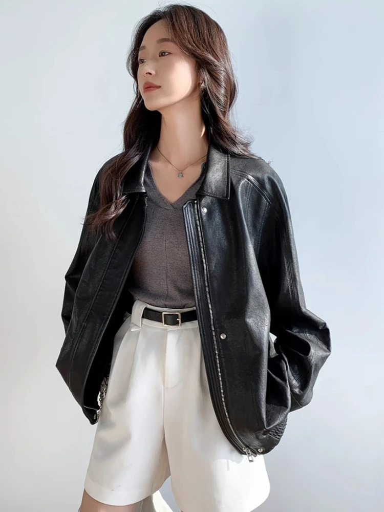 Vintage Genuine Leather Motorcycle Jacket for Women Spring Autumn 2025 New High-end Casual Simple Soft Black Real Sheepskin Coat