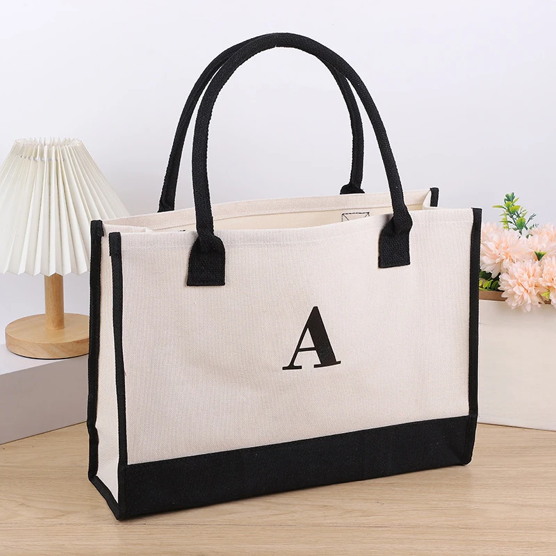 Cotton linen canvas letter tote bag beach bag fashion trend handbag canvas shopping bag