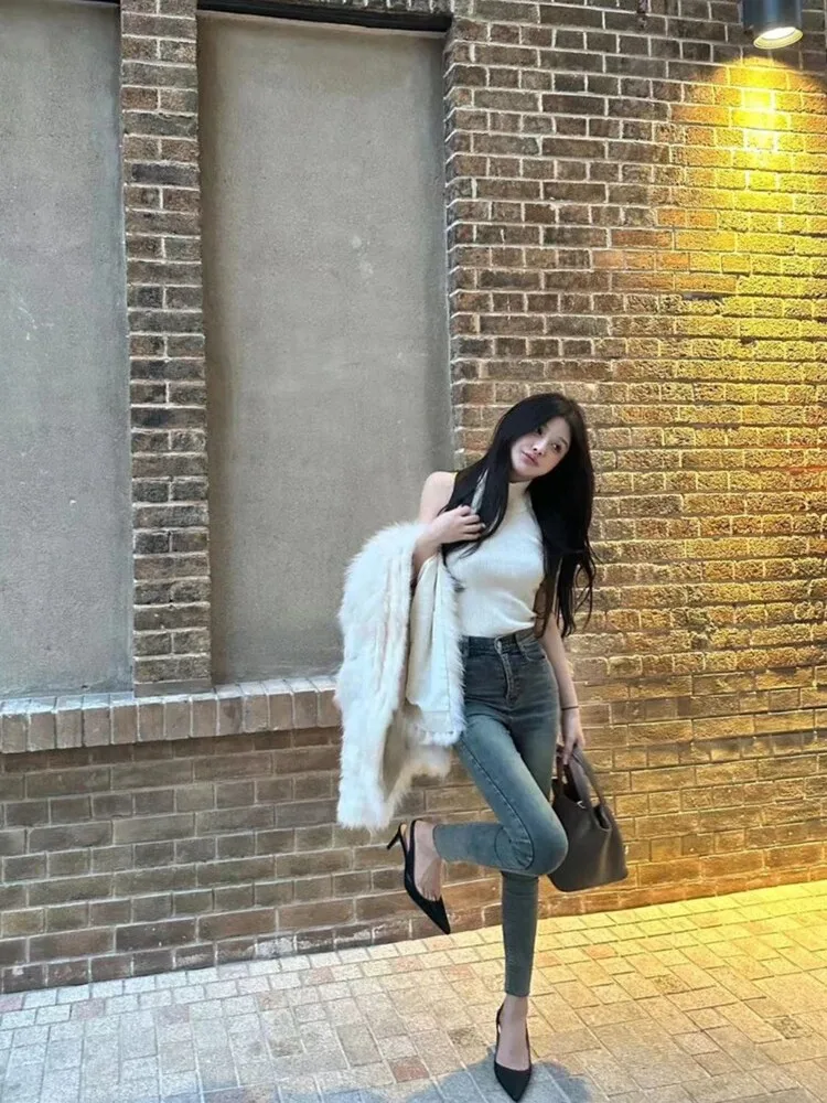 

Ретро джинсы синего цвета с эффектом потертости, укороченные, с высокой талией, модные, универсальные, из хлопкового стрейч-денима, женские.