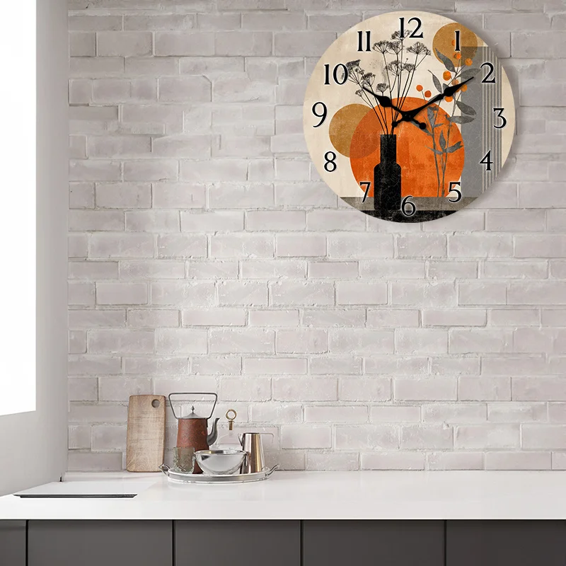 1pc Wooden Wall Clock - Non-Ticking, Abstract Botanical Design with Orange & Black Accents, Office - AA Battery Operated, Living Room Accessory | Abstract Floral Design | Wooden Construction, Wall Clock Living Room