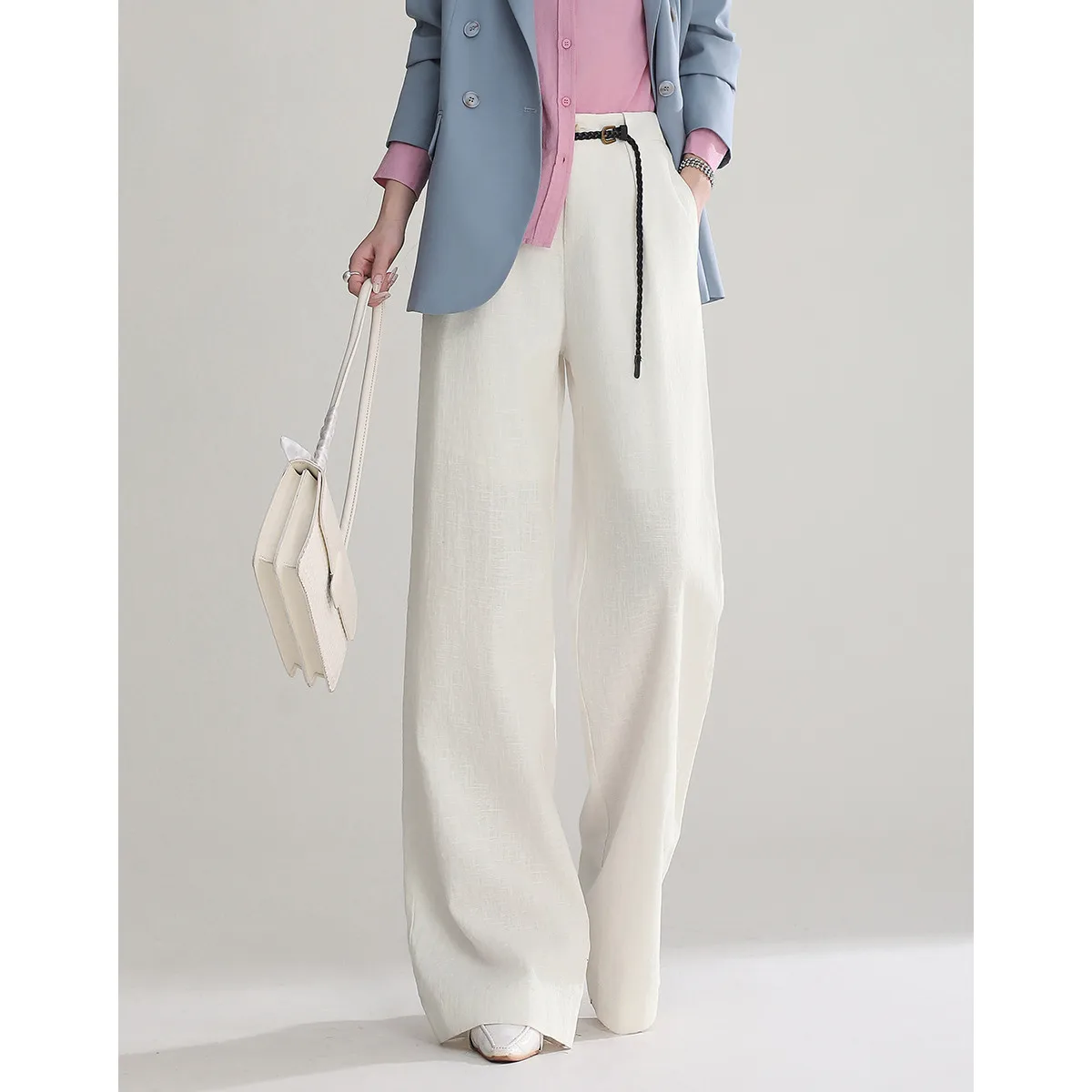 LOUISYAO 2026 Summer Detachable Belt Straight Pants Elastic High Waist Linen Cotton Women Casual Pants