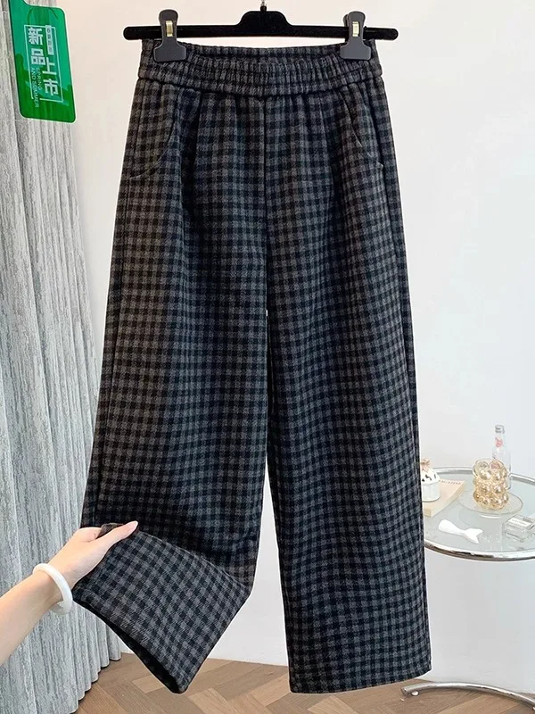 

Корейские шерстяные брюки в клетку с высокой талией, широкие, женские, осенне-зимние, новые, модные, утягивающие, универсальные, укороченные (7/8)