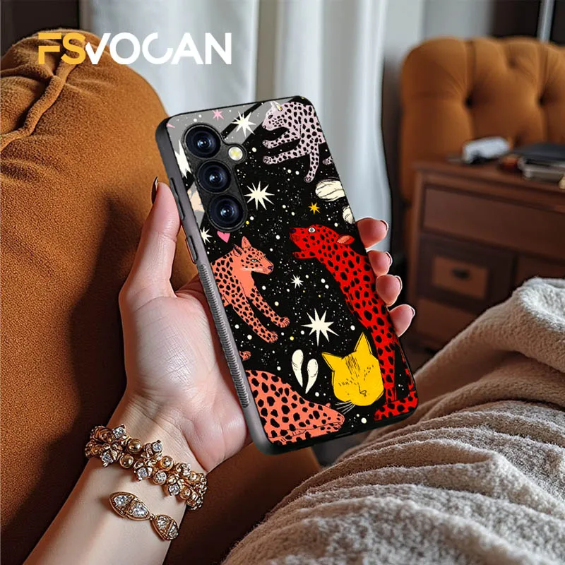 詩的な豹の精霊が星の下で踊る Samsung Galaxy S26 S25 S24 S23 S22 S21 S20 Plus Ultra A53 A54 A32 A33 A34 A35 A55用