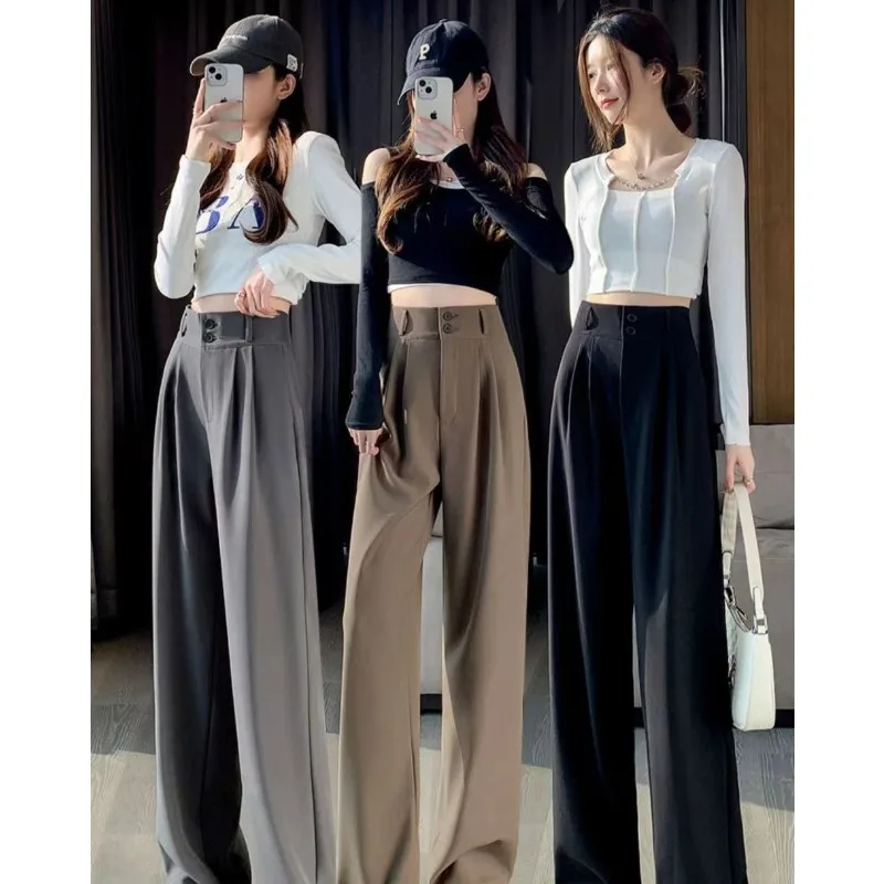 

Элегантные широкие брюки для женщин в корейском стиле, черные свободные брюки с высокой талией, модные офисные брюки для женщин, свободные брюки-костюм, уличная одежда