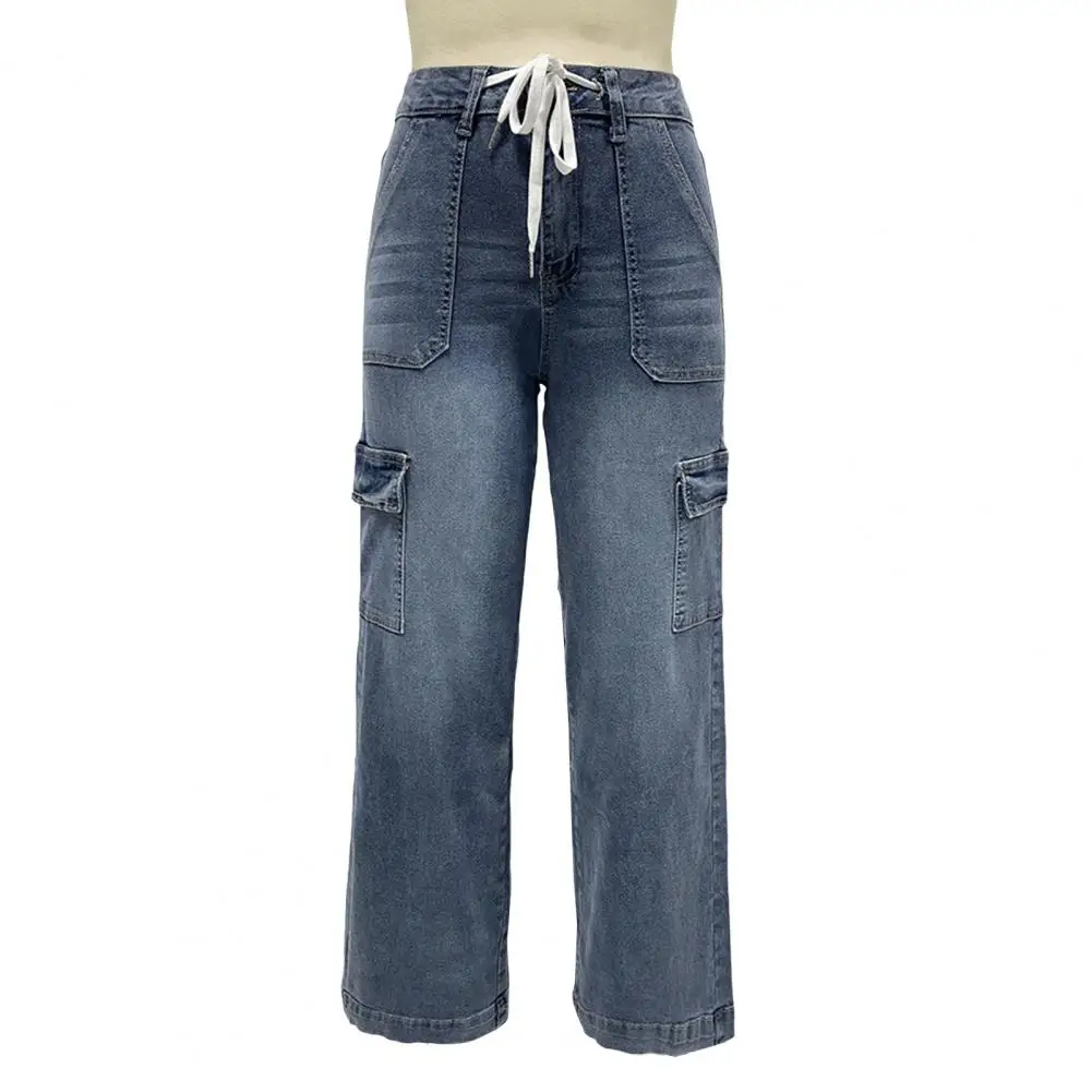 

Women Mid Waisted Cargo Jeans Straight Wide Leg Denim Pants with 6 Pockets Casual High Stretch Baggy Jeans