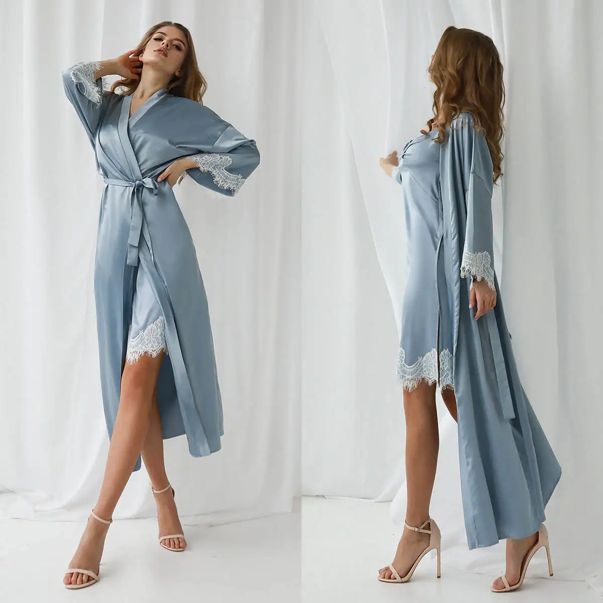 

New Design Women’s Pajamas Satin Appliques Lace Robes Bridesmaid Bride Robes Wedding Long Robe Bathrobe plus size customized