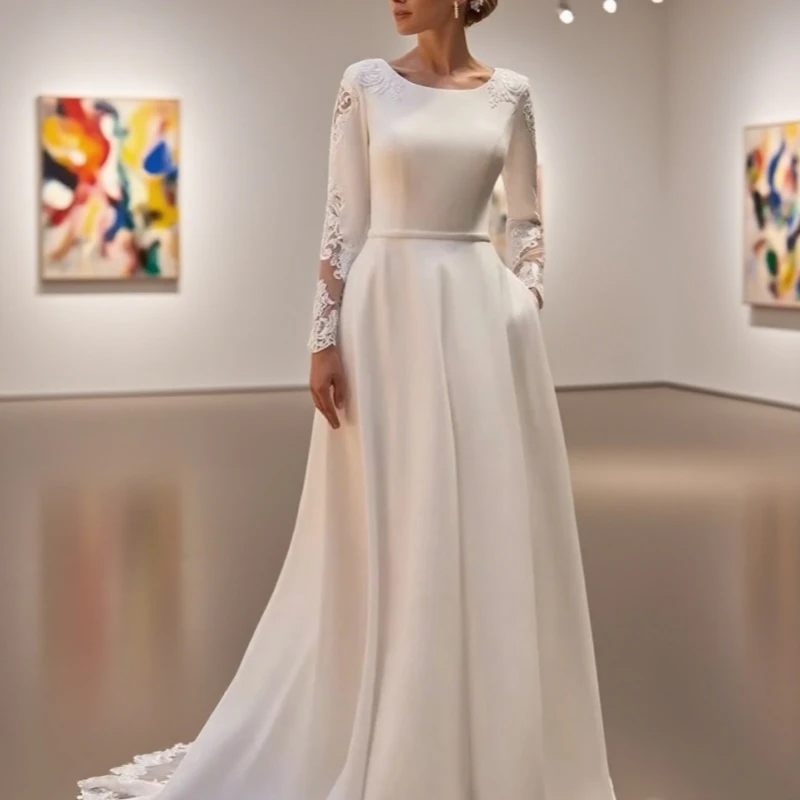 

Women Wedding Dress Customize To Measures Long Sleeves Buttons Elegant Robe De Marie Stunning With Pocket Lace Appliqués