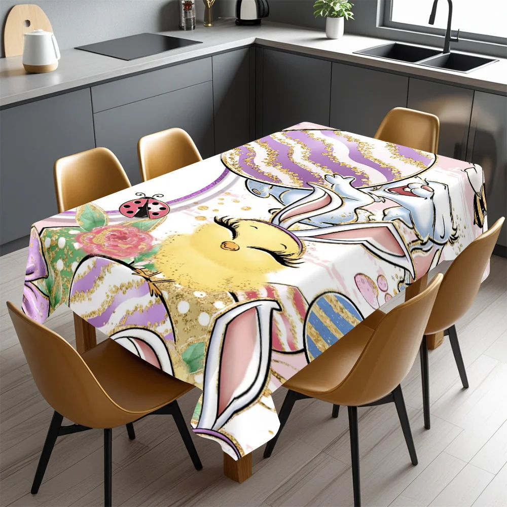 Cute Bunny Picnic Tablecloth Waterproof Spillproof Kitchen Table Cover for Dining Room Decor