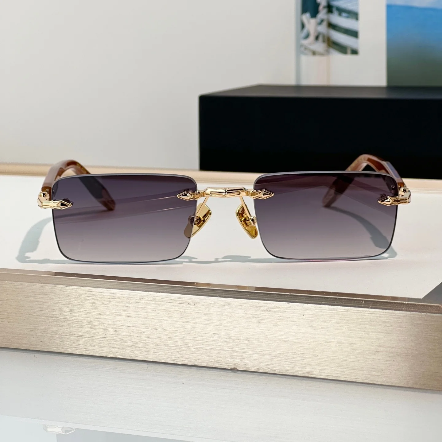 RO1 Sunglasses Man Woman, Statement Rimless Gold Frame Gradient Grey Lens UV400 Stand Out Unisex Sunglasses