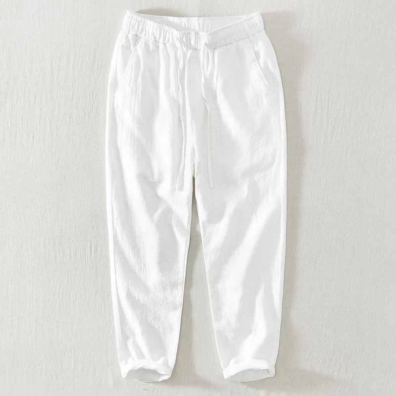 

Cotton Linen Ankle-Length Pants for Men Solid Color Casual Fashion White Trousers Male Elastic Waist Straight Pants Plus Size