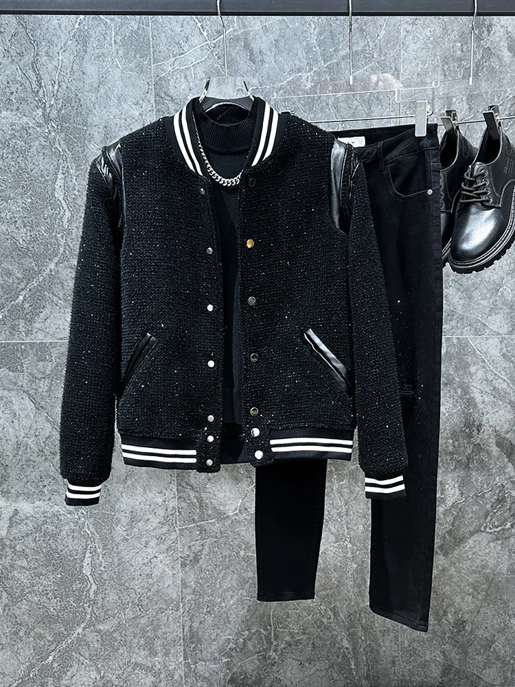 

Korean Sle Thiened Autumn Winter Men's Baseball Jaet Tweed Patchwork Design Outerwear Youth Faion ort Coat