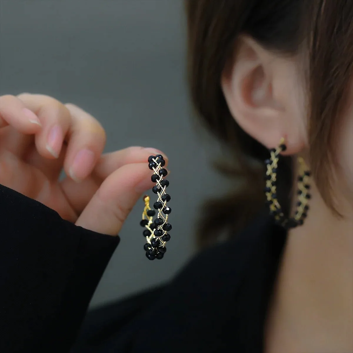2023 Fashion Double-layer Black Crystal Woven Hoop Earrings South Korea Simple Accessories Party For Women\'s Luxury Jewelry