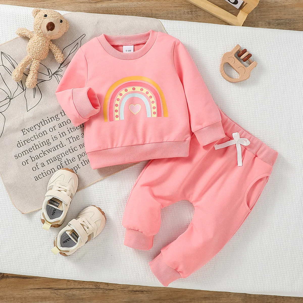 2pcs Baby Girls Pink Honey Fall/Winter Long Sleeve Print Cartoon Rainbow Sweatshirt +Trousers With Bow Pantsuit