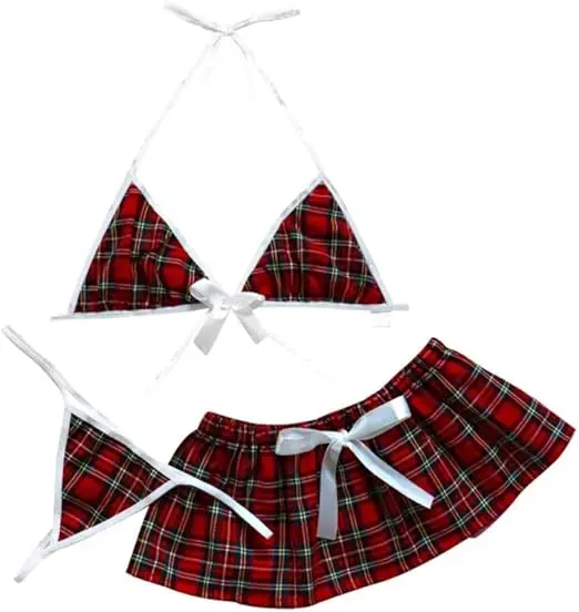 Sexy Cosplay Lingerie Student Uniform Schoolgirls Erotic Costume Girl's Red Plaid Miniskirt Suit Bra Sexy Skirt Thongs Women