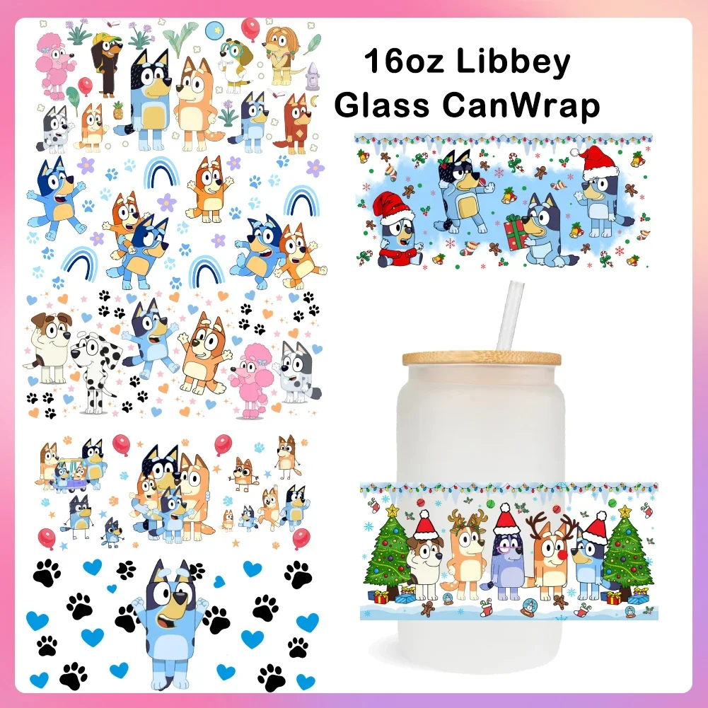 Cartoon Blue Dog For 16oz Can Glass 3D Waterproof UV DTF Coffee Can Wrap Libbey Glass Wrap Christmas Decoration