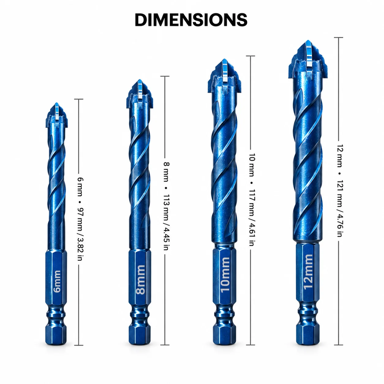 4Pcs YG10 Carbide Sawtooth Drill Bits 6/8/10/12mm, Anti-Slip Hex Shank Clean Drilling for Tile Ceramic Glass Marble