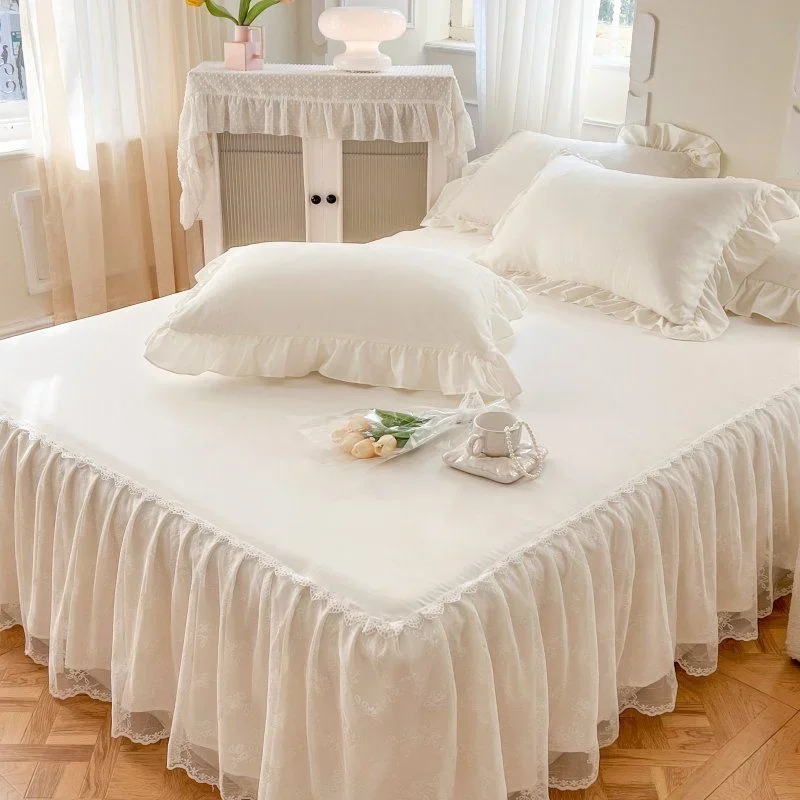 Lace Bed Skirt and Pillowcase, Bed Cover, Bedspread, Sheet, Anti Slip, Protective, Beige, Princess, 3Pcs