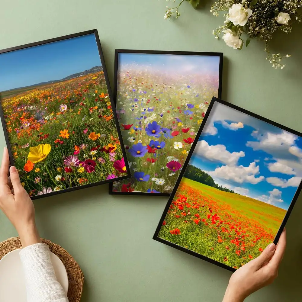 Vibrant Field of Colorful Flower Poster Waterproof Wall Art Sticker for Home Bar Decoration, Self-Adhesive Room Wall Decor Mural