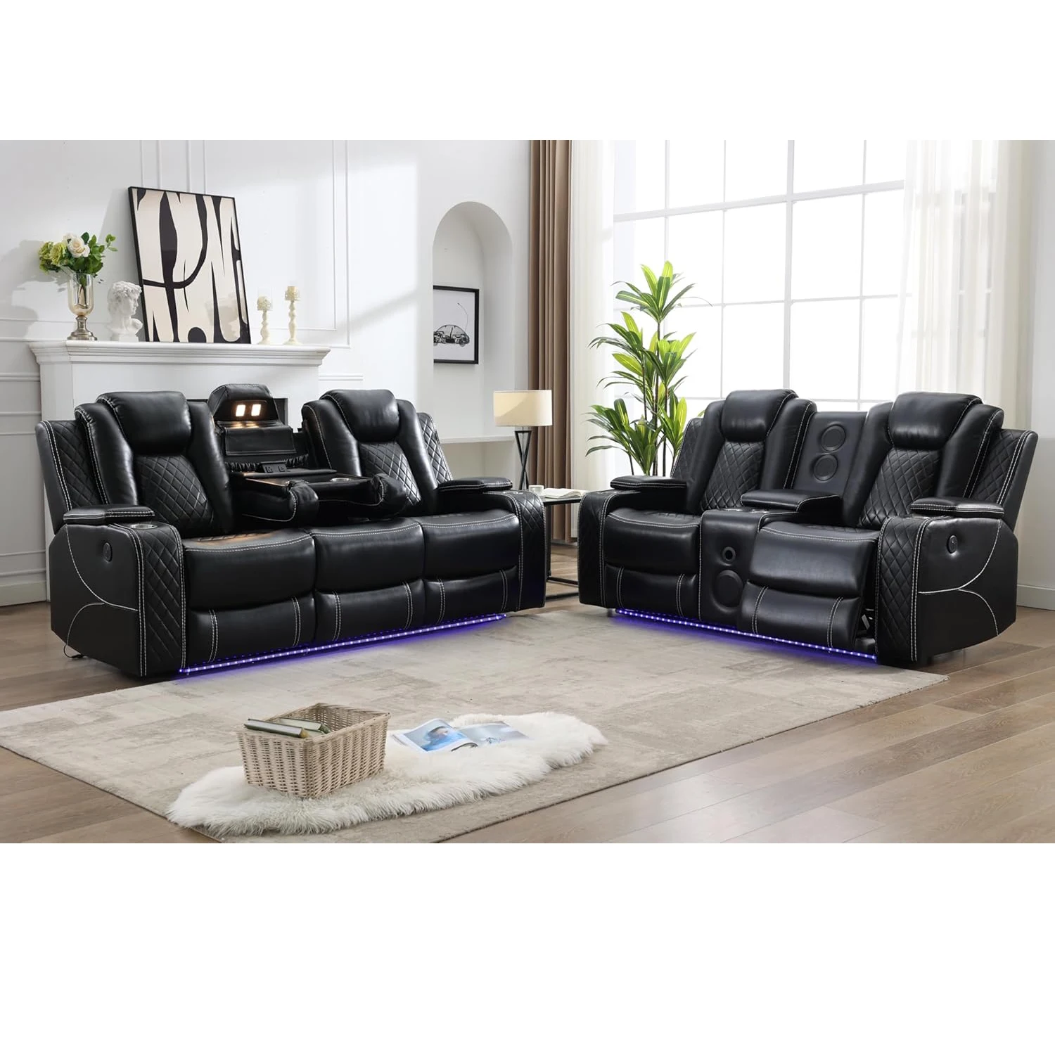 5 Seater Faux Leather Power Recliner Sofa Set with Drop-Off Table, Wireless Charger & Type-C, Loveseat with Bass Speaker