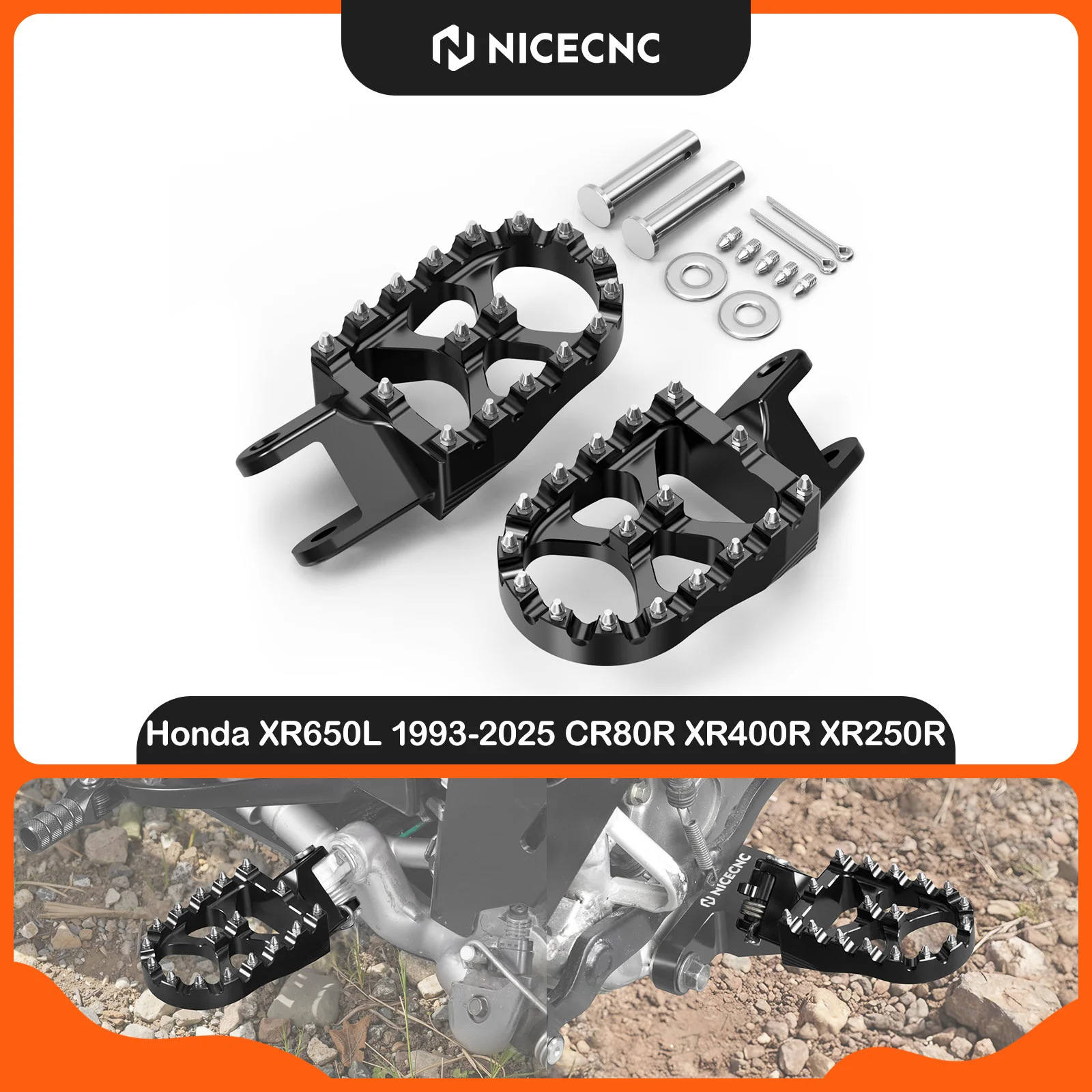NICECNC Motorcycle Footrest Foot Pegs Footpegs Rests Pedals For Honda XR650L 1993-2025 CR80R CR85R XR250R XR400R XR600R XR650R