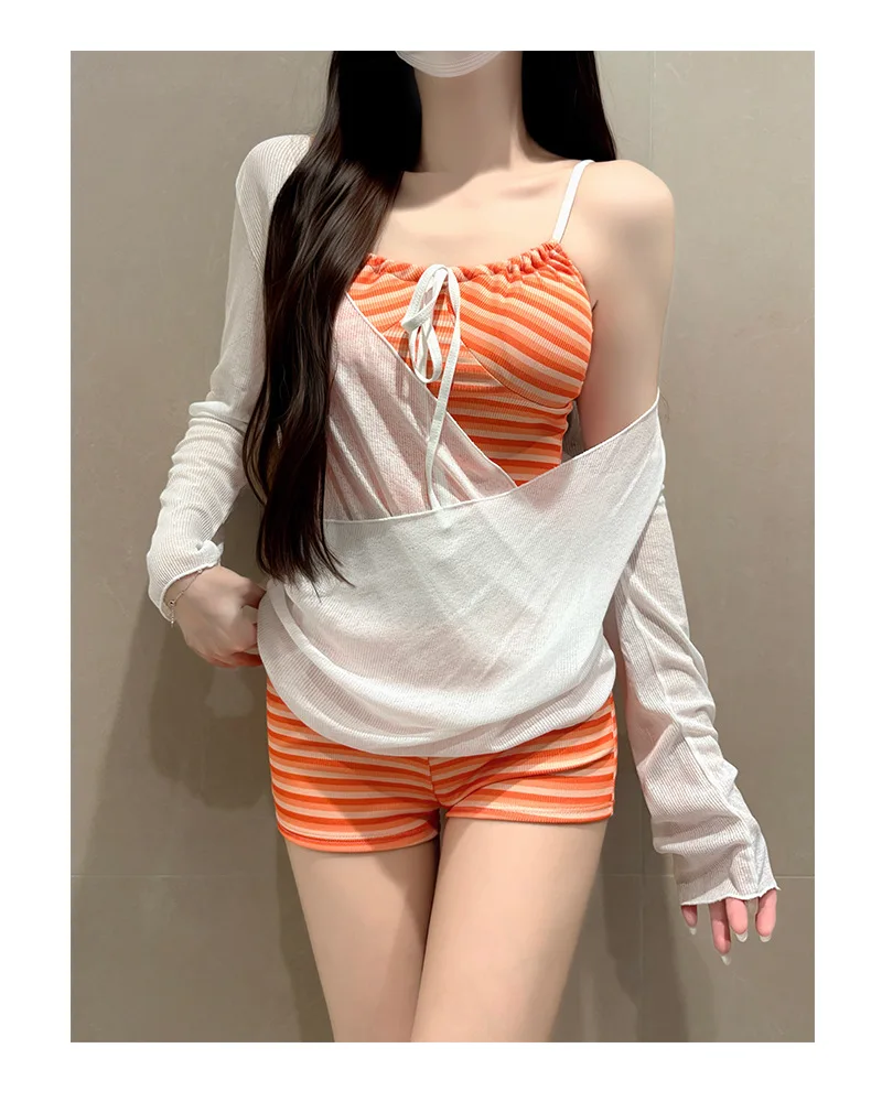 Conjunto de bikini para mujer, con camiseta de manga larga para cubrirse del sol, protección contra los rayos UV, tejido impermeable, diseño a rayas, suave, elástico, sexy y con un toque dulce. Incluye 3 piezas.