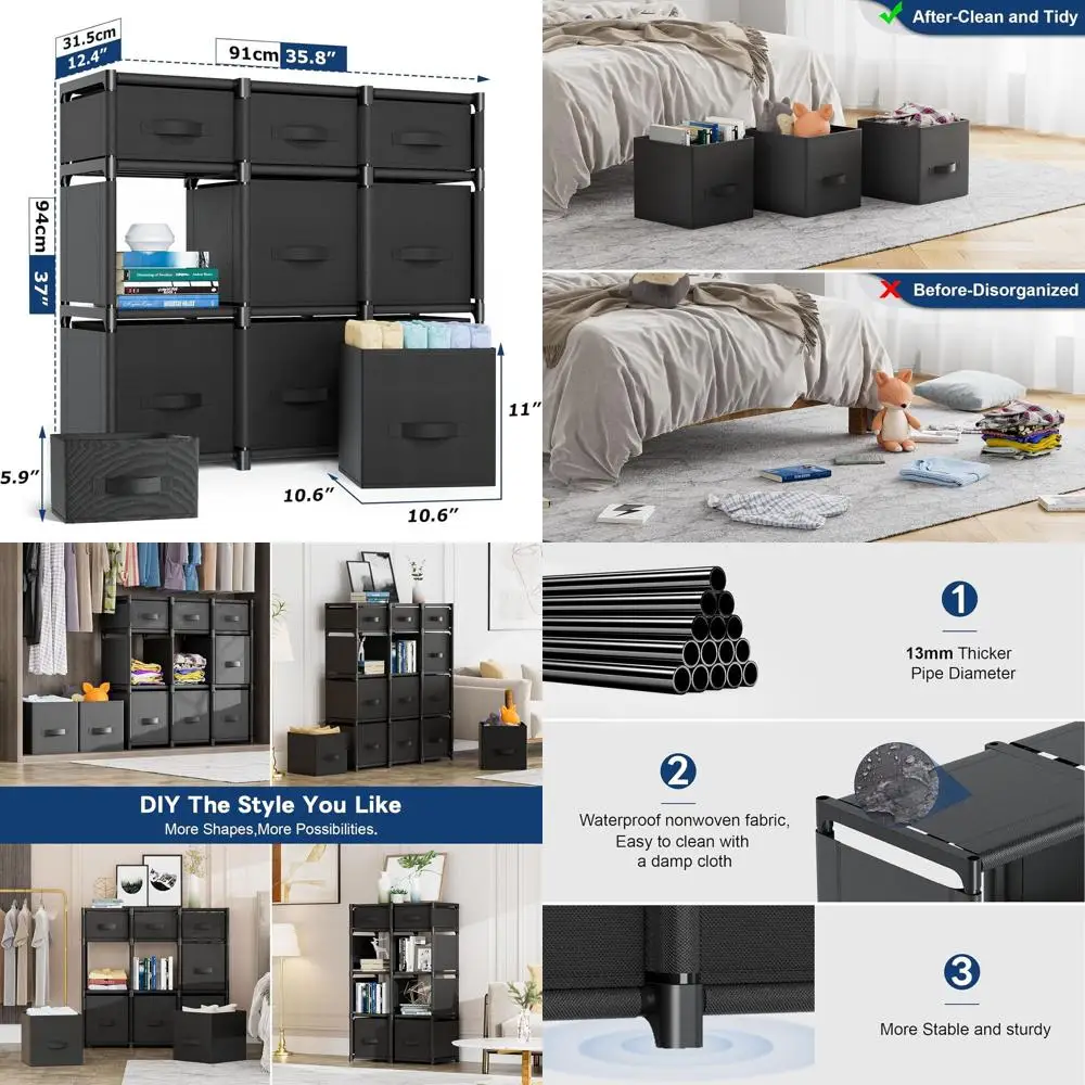 

Органайзер из 9 кубов для шкафа и хранения, простая сборка, идеально подходит для жилых помещений - черный