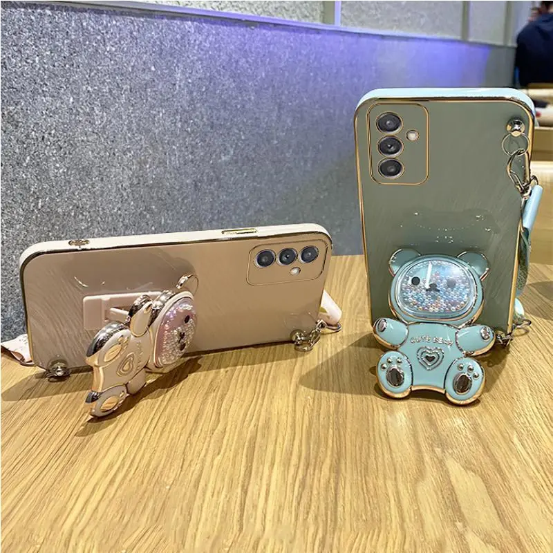 S 24plusQuicksand Bear Holder Lanyard Phone Case For Samsung Galaxy A25 A55 A15 A35 A04E 4G 5G S24 Ultra Strap Stand Cover a 55