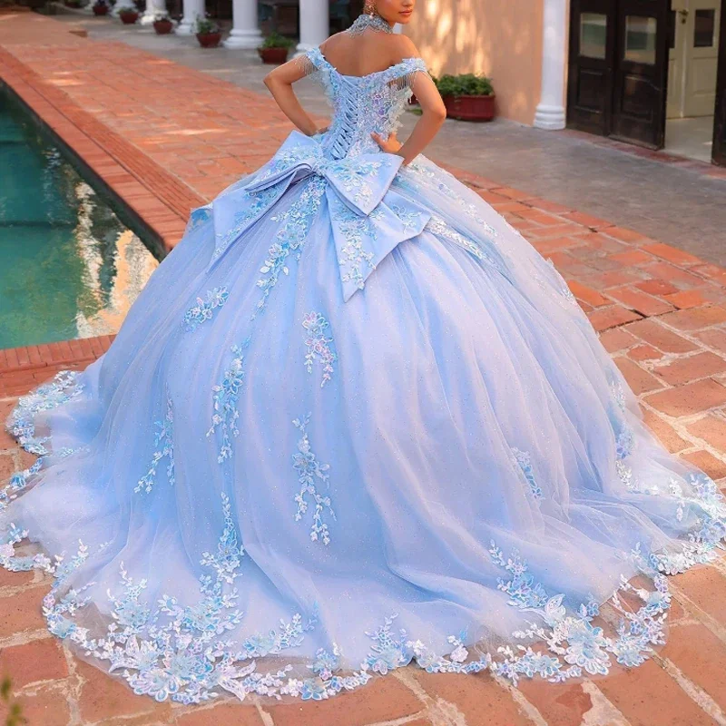 Angelsbridep gaun pesta bahu terbuka biru langit romantis gaun dansa Quinceanera 2025 gaun pesta bunga 3D Vestido De quinceaurus