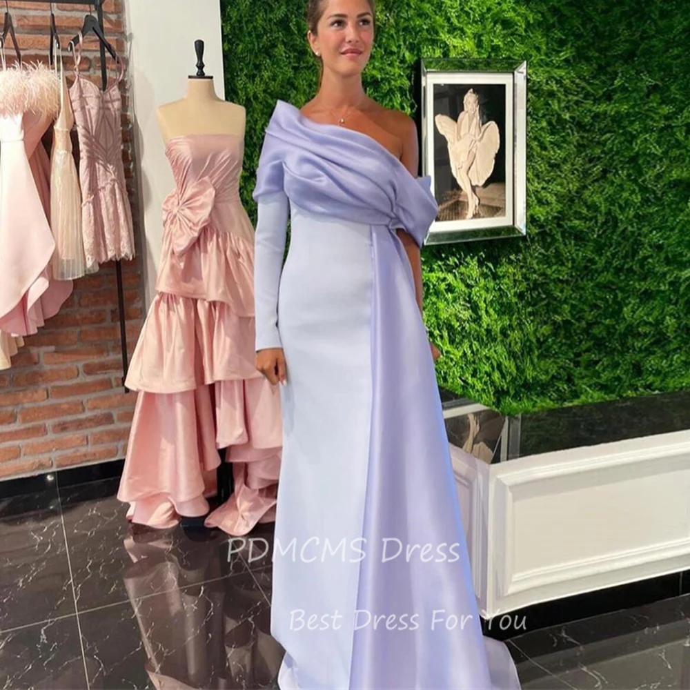 

Modern Purple Satin Long Prom Dresses One Shoulder Ruched Evening Gowns Pageant Long Sleeve Formal Dress Saudi Arabia vestidos