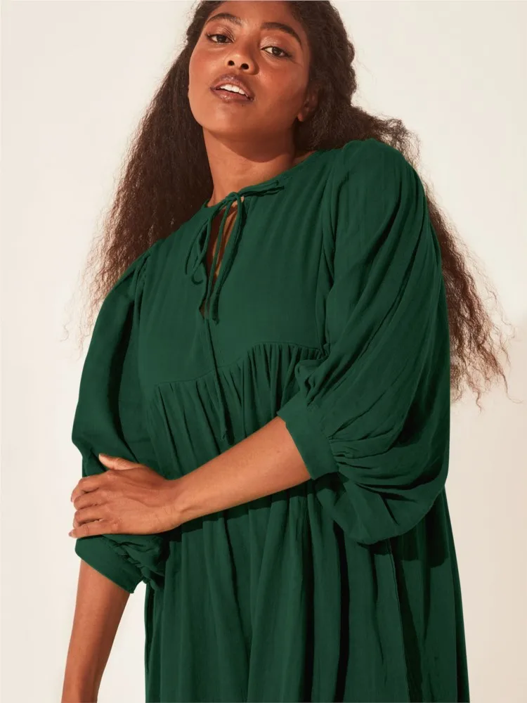 Autumn Casual Shirt Dress Women Fashion Solid Color Lantern Sleeve Loose Midi Dress Women's V-neck Lace Up Big Hem Retro Dress